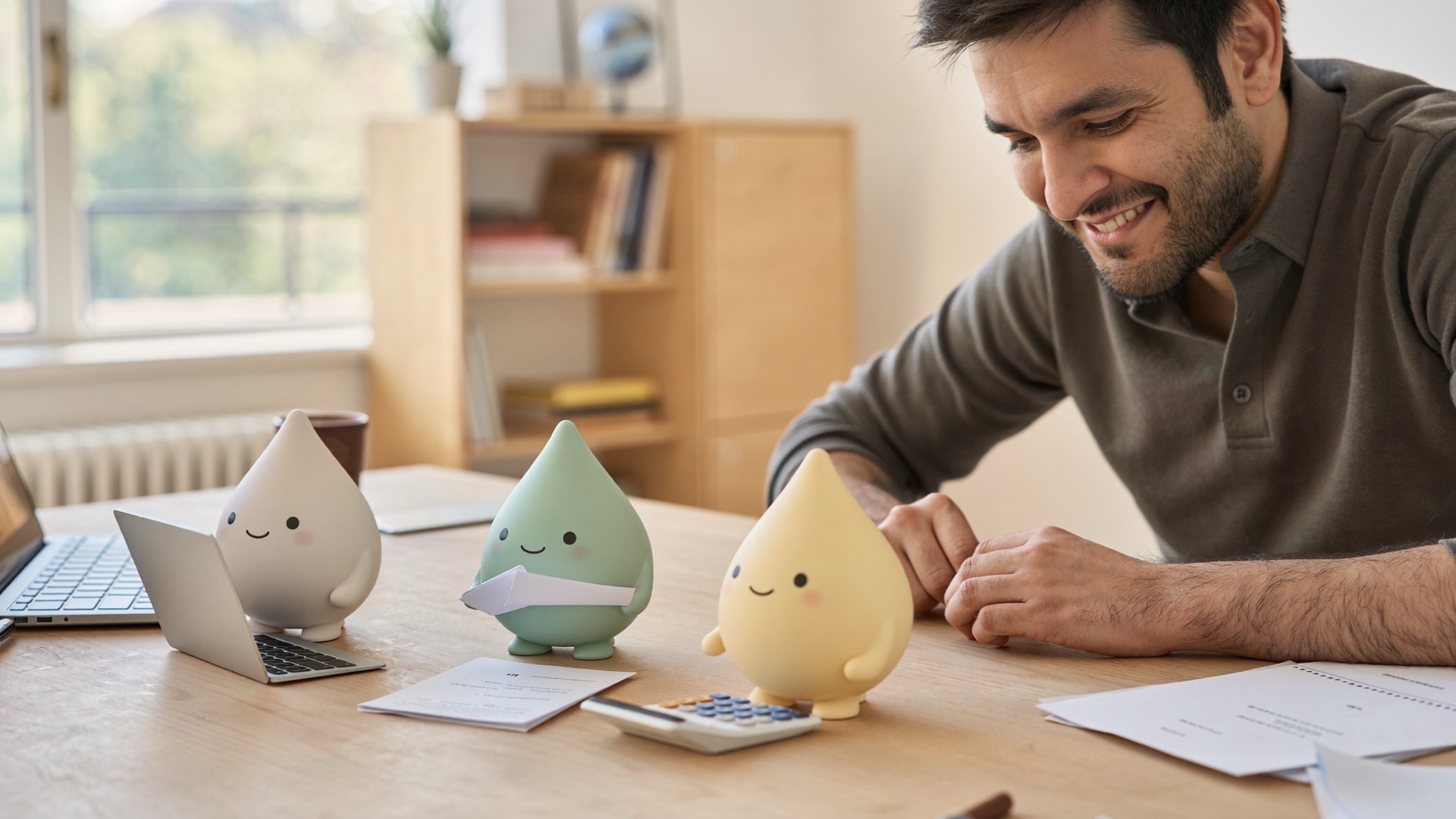 Muzamil Hasan at his workshop desk with his arc mascots
